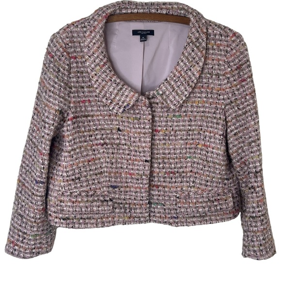 ANN TAYLOR Cropped Pink Wool Blend Tweed Blazer Office Business  Size 14 - Picture 1 of 16